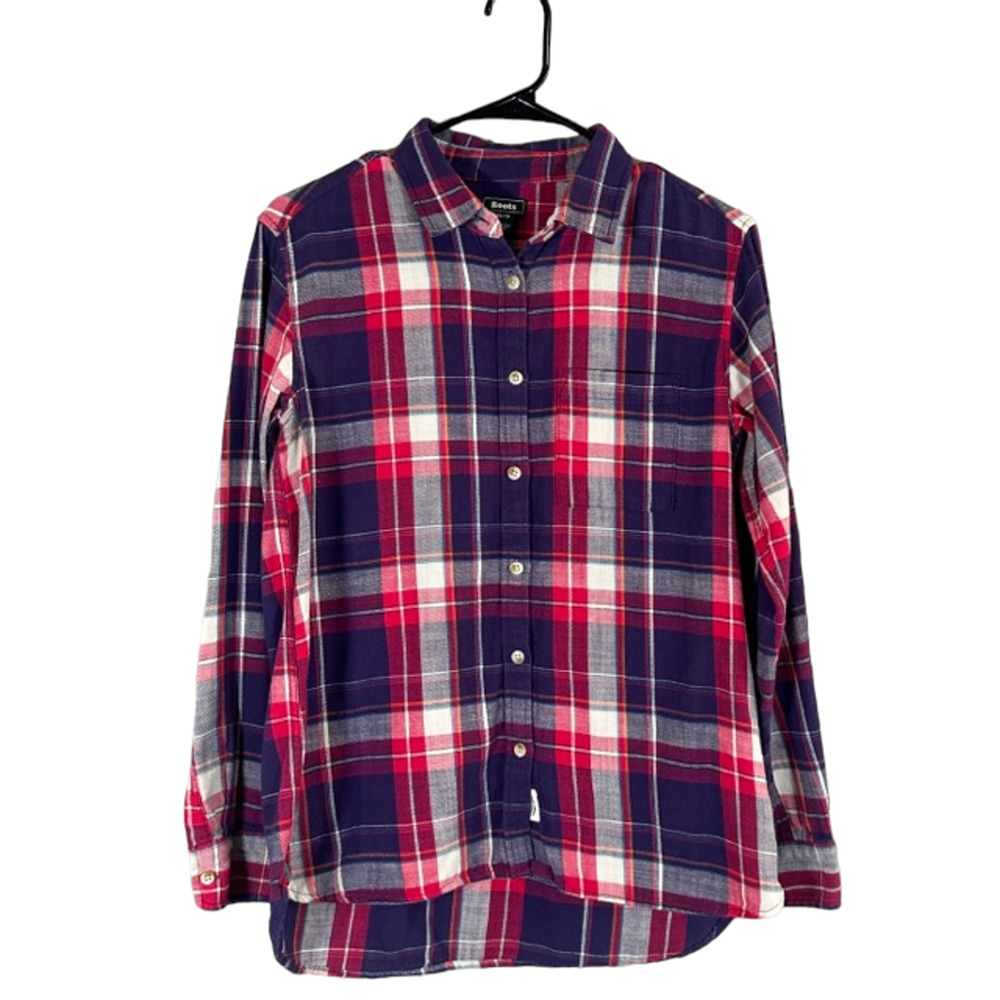 Roots Red Multicolor Plaid Cotton Long Sleeve Button Down Shirt Women Sz XS